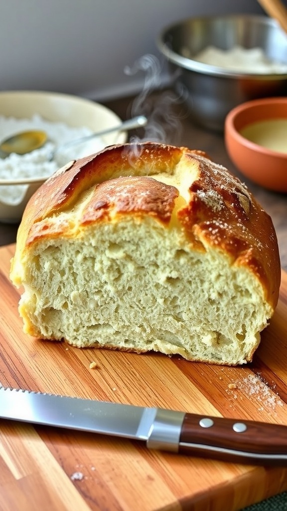Golden-brown no-knead bread loaf on a wooden board with a knife.